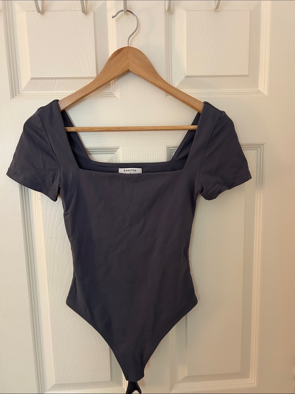 Babaton Grey blue Square Neck Short Sleeve Bodysuit